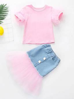 Hopscotch - Pink Girls Pink Solid T-Shirt And Skirt