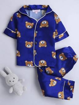 Hopscotch - Navy Blue Unisex Blue Teddy Bear Print Shirt With Pyjama