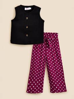 Hopscotch - Black Cotton Blend T-Shirt With Polka Dot Pant & Belt