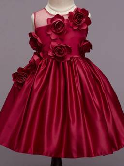Hopscotch - Red Girls Maroon Sleeveless Floral Applique Party Dress