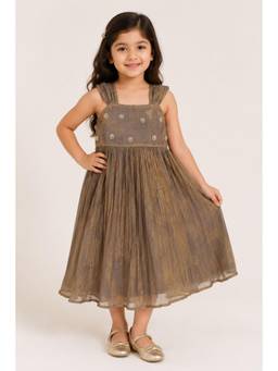 PICCOLO - Gold Tissue Organza Embellished Pleated Flared Dress