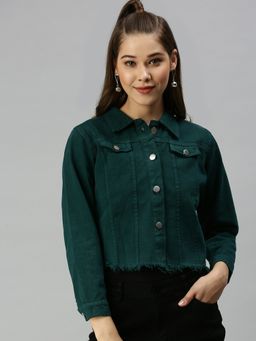 SHOWOFFFF - Women Spread Collar Long Sleeves Green Solid Jacket