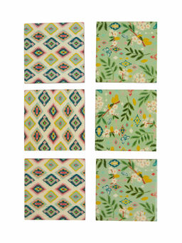 Chumbak - Farmhouse Coasters -Farm Garden, Green, Ikkat, Set of 6, 4" x 4"