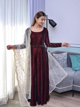 Vinya - Maroon Anarkali Dress With Sequined Sleeve & Embroidered Dupatta & Belt (Set of 3)