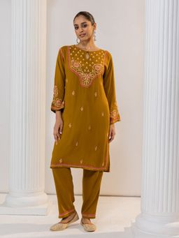 HOUSE OF KARI - Fizaa's Chikankari Cotton Silk Kurta & Pant for Women Mustard (Set of 2)