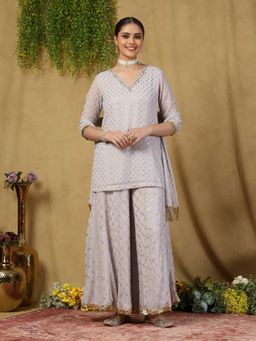 Garden VARELI - Women's Georgette Foil Printed Kurti with Sharara & Dupatta