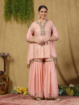 Garden VARELI - Women's Peach Foil and Embroidery Work Peplum Kurti Sharara Set with Stole
