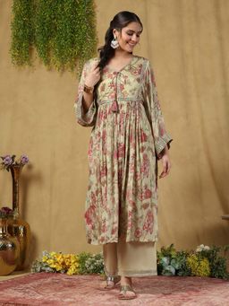 Garden VARELI - Women's Beige Floral Printed Anarkali Kurta with Pant