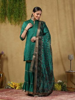 Garden VARELI - Women's Green Polychanderi Solid Kurta with Sharara & Dupatta