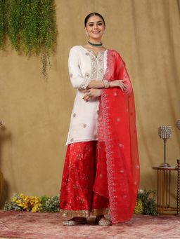 Garden VARELI - White & Red Polymodal Chanderi Embroidered Kurta with Sharara & Dupatta