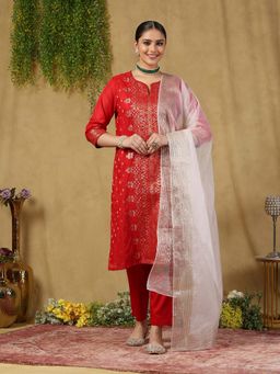 Garden VARELI - Women's Red Viscose Jacquard Weaving Kurta Pant Set with Dupatta