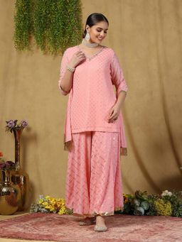 Garden VARELI - Women's Pink Georgette Foil Printed Kurta with Sharara & Dupatta