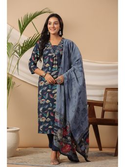 PIROH - Women Printed Straight Modal Navy Blue Kurta with Pant & Dupatta (Set of 3)