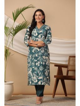 PIROH - Women Floral Print Straight Modal Teal Kurta & Pant (Set of 2)