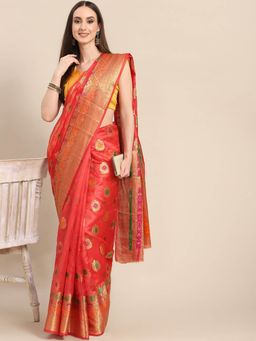 Odette - Coral Woven Organza Saree with Unstitched Blouse
