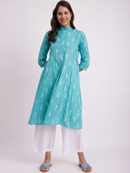 Pink Fort - Cotton A-line Kurta - Teal