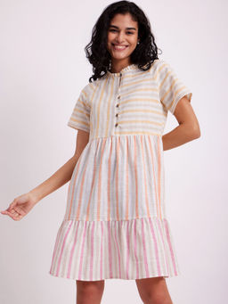 Pink Fort - Cotton Stripe Play Tiered Dress - White