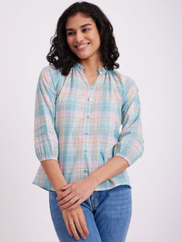 Pink Fort - Cotton Checked Ruffle Top - White