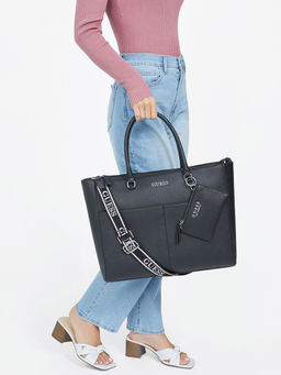 Guess - Women Black Handbag With Detachable Strap & Pouch (Set of 3)