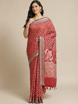 Indethnic - Banarasi Maroon Woven Design Work Wear Saree With Unstitched Blouse