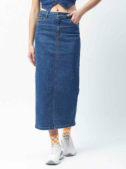 Madame - Women Blue Cotton Solid Skirt