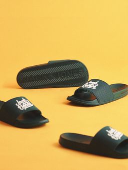 Jack & Jones - Green Textured Logo Text Pool Sliders