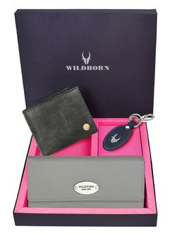 WILDHORN - Premium Leather Ladies Wallet, Mens Wallet and Keychain Gift -1K_GR_2052BKM_K (Set of 3)
