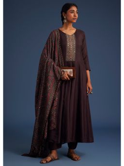 KALKI FASHION - Wine Silk Anarkali Set With Ajrakh Print Dupatta (Set of 3)