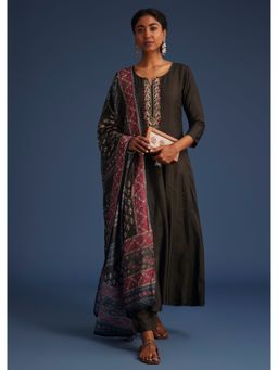 KALKI FASHION - Dark Brown Silk Anarkali Set With Ajrakh Print Dupatta (Set of 3)