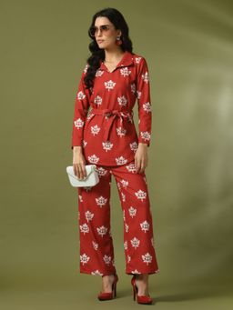 MYSHKA - Red Printed Polo Collar Party Top with Pants (Set of 3)