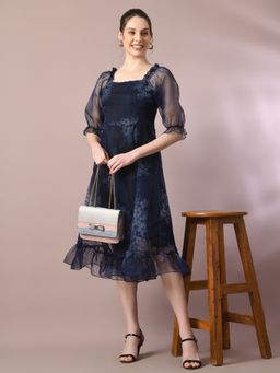 MYSHKA - Navy Blue Printed Square Neck Fit and Flare Party Dress