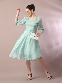 MYSHKA - Sea Green Solid Square Neck Fit and Flare Party Dress