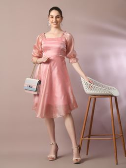 MYSHKA - Pink Solid Square Neck Fit and Flare Party Dress