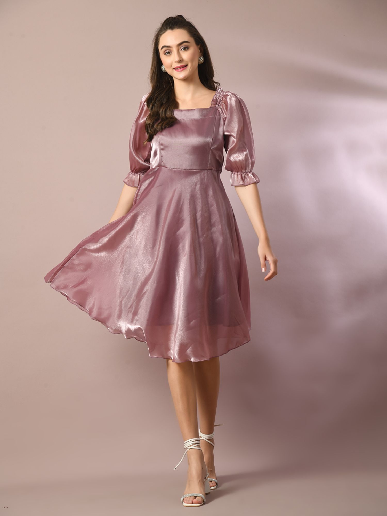 Buy MYSHKA Brown Solid Square Neck Fit and Flare Party Dress Online