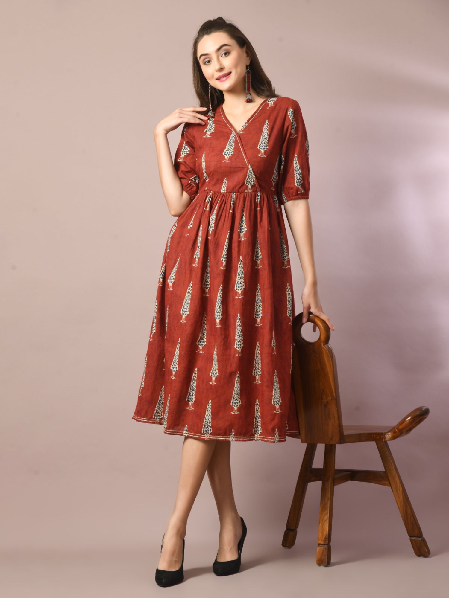 myshka Rust Printed Cotton V-Neck Empire Party Dress-picture-18