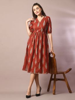 MYSHKA - Rust Printed Cotton V-Neck Empire Party Dress