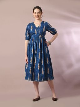 MYSHKA - Blue Printed Cotton V-Neck Empire Party Dress