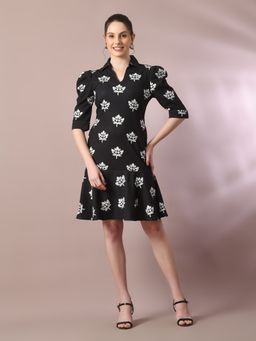 MYSHKA - Black Printed Shirt Collar Fit and Flare Party Dress