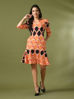 MYSHKA - Multi Printed Shirt Collar Fit and Flare Party Dress