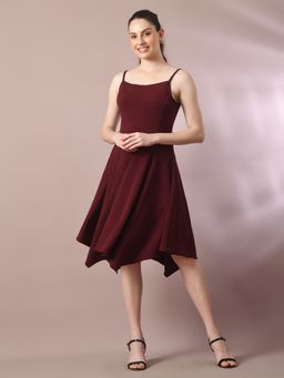 MYSHKA - Maroon Solid Shoulder Straps Fit and Flare Party Dress