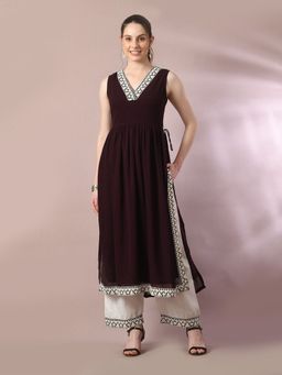 MYSHKA - Coffee Brown Solid Georgette Nyra-Cut Party Kurta and Pants (Set of 2)