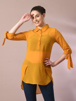 MYSHKA - Orange Solid Georgette Longline Party Sheer Tunic