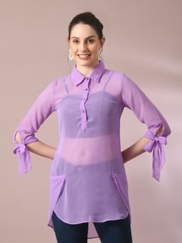 MYSHKA - Lavender Solid Georgette Longline Party Sheer Tunic