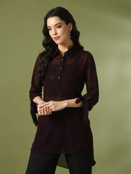 MYSHKA - Coffee Brown Solid Georgette Longline Party Sheer Tunic