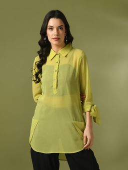 MYSHKA - Yellow Solid Georgette Longline Party Sheer Tunic