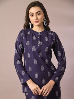 MYSHKA - Navy Blue Printed Full Sleeve Party Top