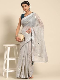 Odette - Grey Cotton Embroidered Saree with Unstitched Blouse
