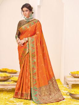 EXCLUSIVA - Orange Banarasi Saree with Unstitched Blouse