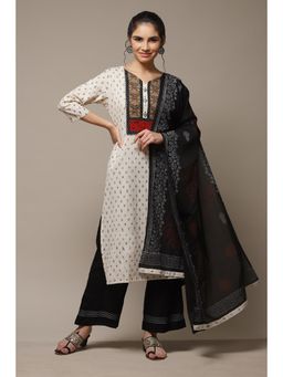 Biba - Black Cotton Unstitched Suit (Set of 3)