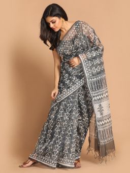 Indethnic - Grey Printed Super Net Saree with Unstitched Blouse